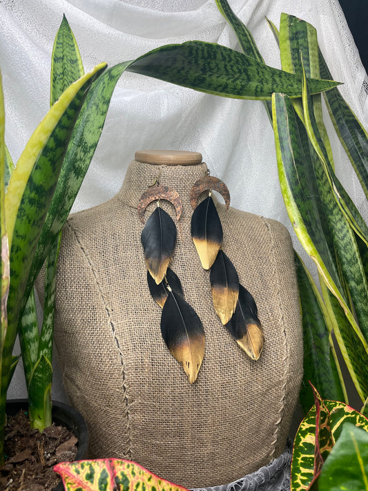 Handcrafted Copper Moon Feather Earrings - Gold Dipped Jewelry